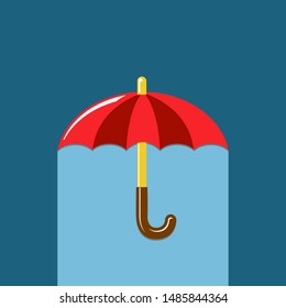 red open umbrella  on blue background. Flat design, vector