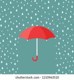 Red open Umbrella with rain drops. Flat icon isolated on white. Flat design. Vector illustration. Rain protection symbol. Rainy weather sign. Happy mood, luck, safety