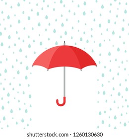 Red Open Umbrella With Rain Drops. Flat Icon Isolated On White. Flat Design. Vector Illustration. Rain Protection Symbol. Rainy Weather Sign. Happy Mood, Luck, Safety