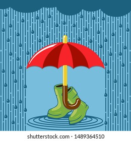 Red open umbrella and rubber boots on blue rain background. Flat design, vector.