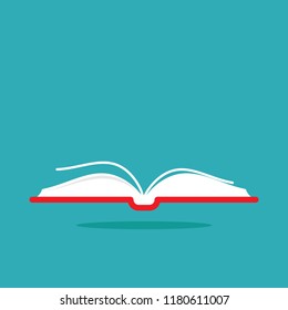 red opened book with shadow isolated on blue. Flat reading icon. Vector illustration. Education logo. Library pictogram. Knowledge, quote