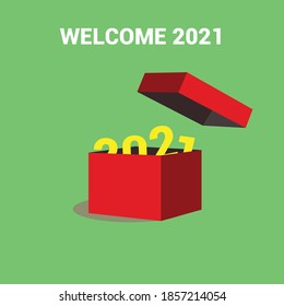 RED OPENED GIFT BOX WITH 2021 IN THE BOX