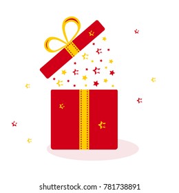 Red opened gift box with yellow and red stars. Vector illustration