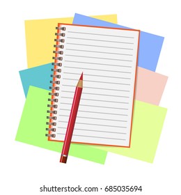 Red opened notepad with pencil and pen in top view. Sketchbook or diary. Vector illustration