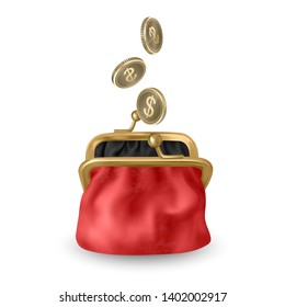 The Red, opened purse. Gold coins raining to open wallet. Golden coins money, dollars dropping or falling in open purse. Vector EPS 10 illustration