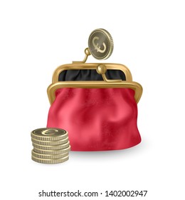 The Red, opened purse. Gold coins raining to open wallet. Golden coins money, euros dropping or falling in open purse. Realistic Vector illustration