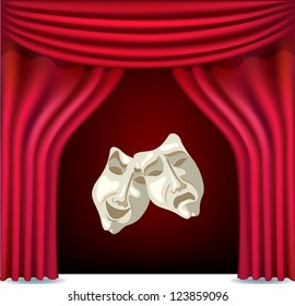 Red opened theater curtain with masks