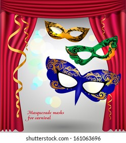 Red opened theater curtain with three luxury masks for masquerade, decorated gold and patterns