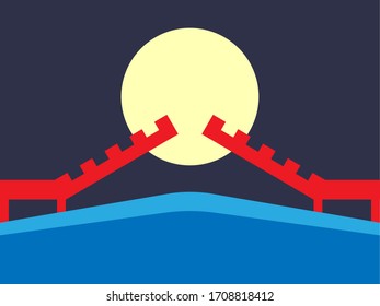 Red opening bridge logo with river and moon on the background