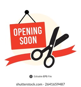 Red Opening Soon Sign Black Scissors Cutting Red Ribbon Beige Circle Background red sign