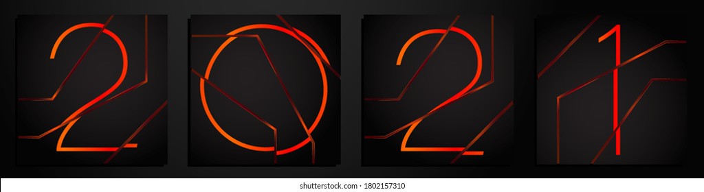 red orange 2021 in tech style. Numbers are split into pieces of puzzle, fragments. Lava red colors on black background for web banner. Beautiful modern New Year design element. Vector