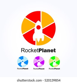 red orange abstract shapes forming a circle with a white rocket on the middle for rocket planet logo vector. attached with some alternative color below as options