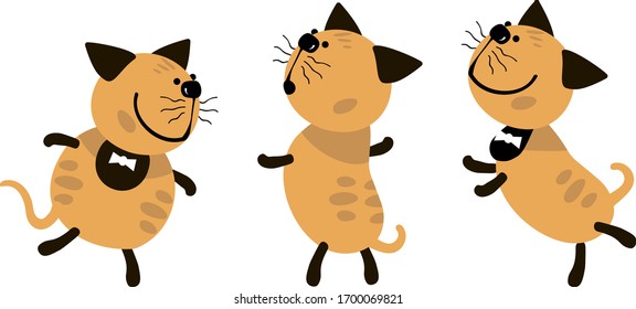 Red orange animated cat in 3 different poses for comics and pointers.
Three funny and happy cats.