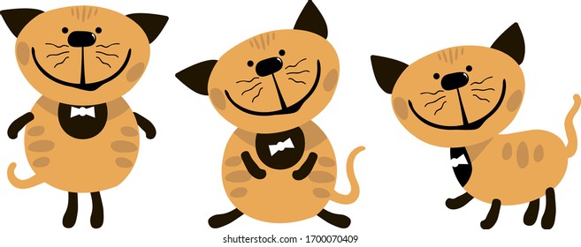 Red orange animated cat in 3 different poses for comics and pointers.
Three funny and happy cats.