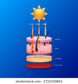 Red orange arrows light UVA UVB and UVC ultraviolet penetrate cell skin layers attacks. For design cosmetic products ads. Vector.