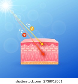 Red orange arrows light UVA UVB ultraviolet penetrate cell skin layers attacks. For design cosmetic products ads. Vector.