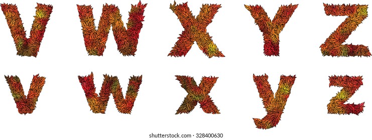 red and orange autumn foliage font, letter: V, W, X, Y, Z leaves (leafs) of the tree type