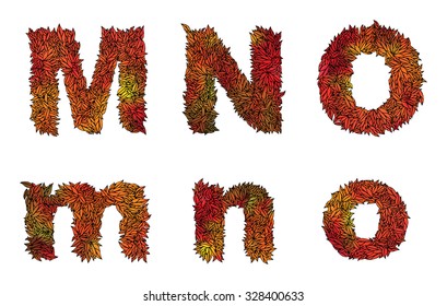 red and orange autumn foliage font, letter: M, N, O leaves (leafs) of the tree type