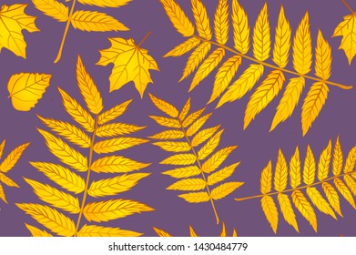 Red and Orange Autumn Leaves Yellow. Background autumn pattern sheet seamless. Pattern for the fabric. Fern print. Trend autumn pattern. Cloth shirt pattern. Vector illustration, eps 10 art