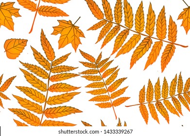 Red and Orange Autumn Leaves Yellow. Background autumn pattern sheet seamless. Pattern for the fabric. Fern print. Trend autumn pattern. Cloth shirt pattern. Vector illustration, eps 10 art