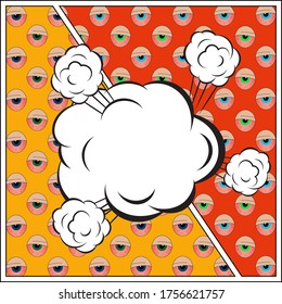 A red and orange background with tired dry blue and green eyes comic and cartoon pop art style with a white  speech bubble explosion bang boom clouds