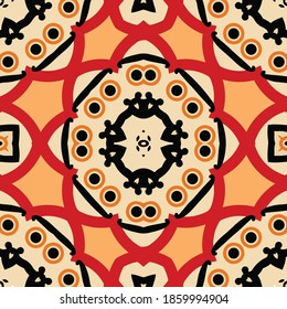 Rojo Orange Beige Negro Boho Chic Étnica Árabe Espejo Kaleidoscopio Fondo. Papel de escritorio simétrico geométrico abstracto. Mosaico De Vectores Para Un Patrón Sin Margen.