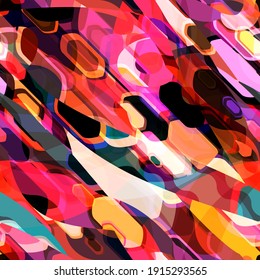 Red, orange, black geometric shapes. Motion effect. Seamless texture with diagonal composition. Abstract vector background for web page, banners backdrop, fabric, home decor, wrapping