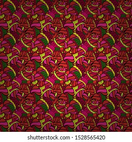 Red, orange and black on colors. Doodles pattern. Tender fabric pattern. Vector. Seamless Abstract interesting background.
