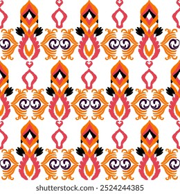 Red, orange, black, and white embroidery, motif ethnic ikat seamless textile illustration, print striped ornament, pattern, design for wrapping, silk, scarf, clothing, textile, carpets, curtains.
