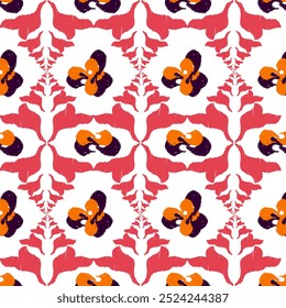 Red, orange, black, and white embroidery, motif ethnic ikat seamless textile illustration, print striped ornament, pattern, design for wrapping, silk, scarf, clothing, textile, carpets, curtains.