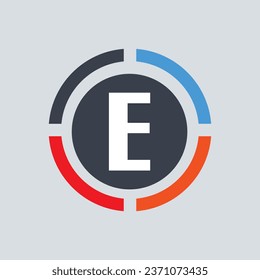 Red orange blue E alphabet letter logo for a company with a circle design.