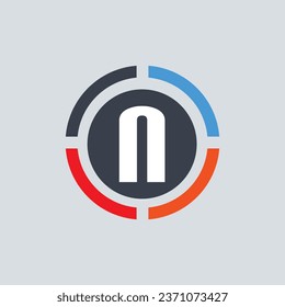 Red orange blue N alphabet letter logo for a company with a circle design.
