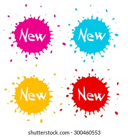 Red - Orange - Blue and Pink Splashes - Blots - Splatters Set with New Title Isolated on White Background