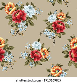 red orange and blue vector flowers with green leaves bunches pattern on cream background