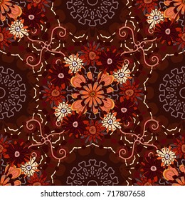 Red, orange and brown background with flowers pattern. Vector floral seamless pattern.