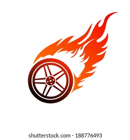 Red and orange burning car wheel