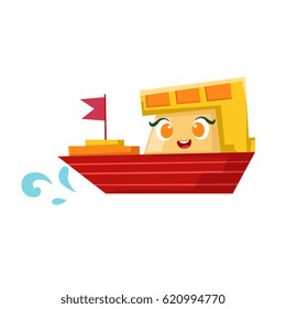 Red And Orange Cargo Ship, Cute Girly Toy Wooden Boat With Face Cartoon Illustration