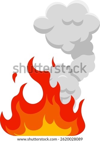 Red and orange cartoon fire burning with grey smoke cloud rising on white background, representing concepts such as danger, combustion, and heat
