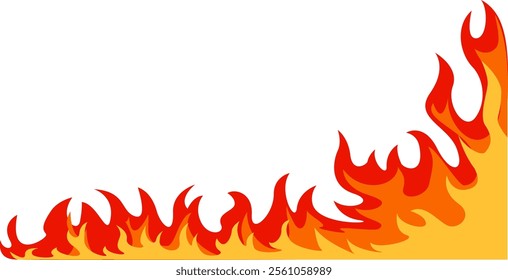 Red and orange cartoon fire flames forming a frame border, rising from the bottom corner against a white background, ideal for danger, warning, and attention grabbing designs