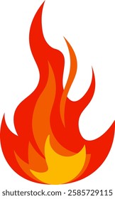 Red and orange cartoon fire flames are burning brightly, creating a fireball and hot bonfire, suitable for representing concepts related to heat, wildfire, and campfire