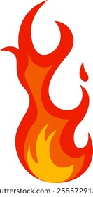 Red and orange cartoon fire flames creating a bright fireball, generating heat and representing concepts such as wildfire and bonfire, isolated vector illustration