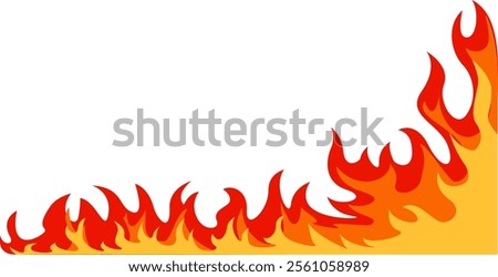 Red and orange cartoon fire flames forming a frame border, rising from the bottom corner against a white background, ideal for danger, warning, and attention grabbing designs