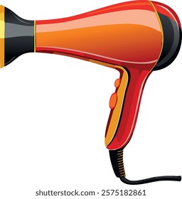 A red and orange cartoon-style hair dryer with a black nozzle and cord, designed for drying and styling hair