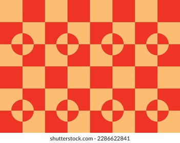 Red and orange checkered and circle shapes seamless retro pattern design vector