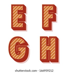Red and orange clean vector retro 3d striped alphabet and numbers E,F,G,H