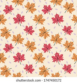 Red and orange color abstract maple leaves seamless pattern on light background for wallpaper and textile. Contemporary flat botanical repeat fabric for packaging.