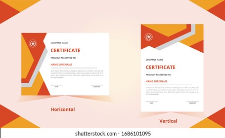 Plantilla de certificado vertical y horizontal de color rojo y naranja con placa de lujo y forma moderna. Para premios y educación