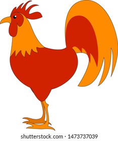 A red and orange colored rooster, vector, color drawing or illustration.