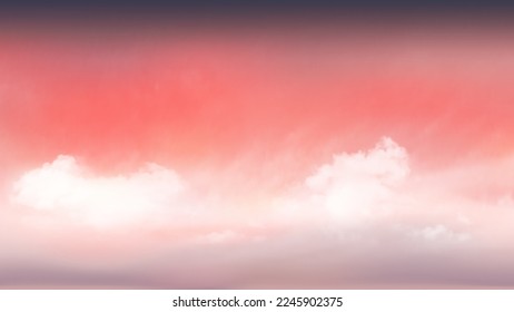 El cielo rojo, colorido y las nubes blancas y blandas, flotaron en el cielo en un día despejado. Hermoso aire y luz solar con el paisaje de la nube colorido. Cielo de puesta de sol para fondo.Ilustración vectorial.