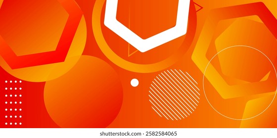 Red and orange colour abstract gradient background with hexagons shapes and geomatric rounded shapes and lines dynamic shapes composition design, background vector illustration.